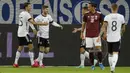 Striker Jerman, Timo Werner (kedua dari kiri) bersama rekan setim merayakan gol keenam Jerman yang dicetaknya ke gawang Latvia dalam laga uji coba menjelang Euro 2020 (Euro 2021) di Merkur Spiel Arena, Duesseldorf, Senin (7/6/2021). Jerman menang 7-1 atas Latvia. (AFP/Odd Andersen)