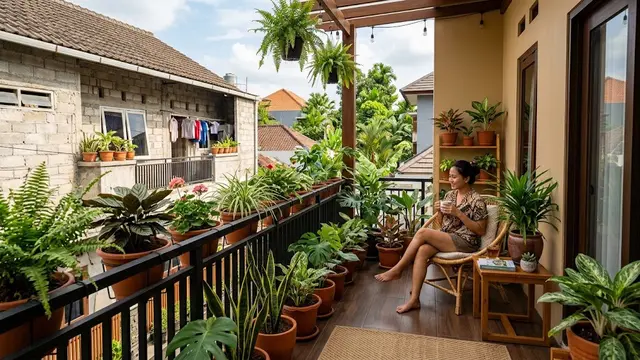 Desain balkon rumah yang berhadapan dengan tetangga namun tetap nyaman dan punya pemandangan indah model balkon dengan tanaman dalam pot