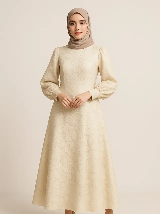 Model Gamis A-Line Brokat dengan Lengan Balon