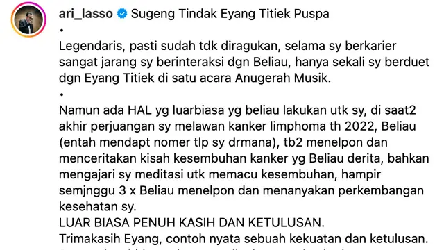 Unggahan Ari Lasso tentang Titiek Puspa. (Foto: Dok. Instagram @ari_lasso)