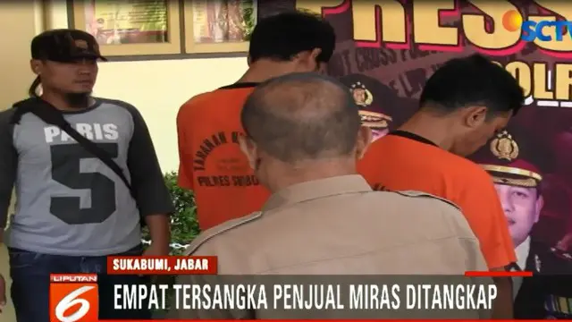 Polisi menciduk empat penjual minuman keras oplosan berujung maut di Sukabumi, Jawa Barat.