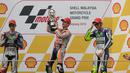 Dani Pedrosa (tengah) menjadi juara MotoGP Malaysia 2015 yang digelar di Sirkuit Sepang, Malaysia, Minggu (25/10/2015). (R/Olivia Harris)