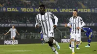 Striker Juventus Moise Kean&nbsp;berselebrasi setelah mencetak gol ke gawang Hellas Verona dalam&nbsp;pertandingan Liga Italia di Stadion Marc'Antonio Bentegodi, Verona, Italia, Jumat (11/11/2022) dini hari WIB.&nbsp;(Paola Garbuio/ LaPresse melalui AP)