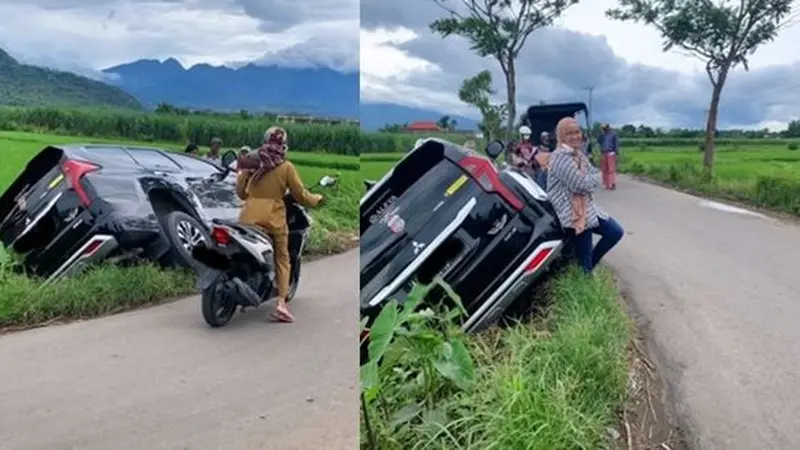 Pajero Sport nyungsep ke sawah (TikTok/@@aleyaskincareofficial)