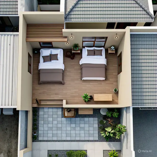 Denah Rumah Minimalis 2 Kamar Ukuran 7x9 dengan Teras Depan
