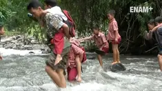 Puluhan murid-murid SD di Situbondo Jawa Timur harus bertarung maut menyeberangi sungai yang alirannya deras dan berbahaya