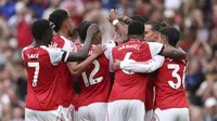 Selebrasi Jurrien Timber dkk. dalam laga Arsenal vs Leeds United di Premier League 2025/2026,&nbsp;Sabtu (23/8/2025). (AP Photo/Ian Walton)