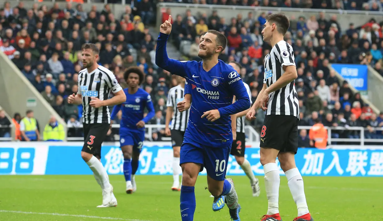 Eden Hazard total mencetak 7 gol dan 4 assist dari total 12 laga saat menghadapi Newcastke United di semua ajang kompetisi. Semua gol dicetaknya di ajang Liga Inggris. Gol terakhirnya ke gawang The Magpies terjadi pada pekan ke-3 musim 2018/2019, di mana saat itu ia mencetak 1 gol dalam kemenangan Chelsea 2-1 atas The Magpies. (AFP/Lindsey Parnaby)