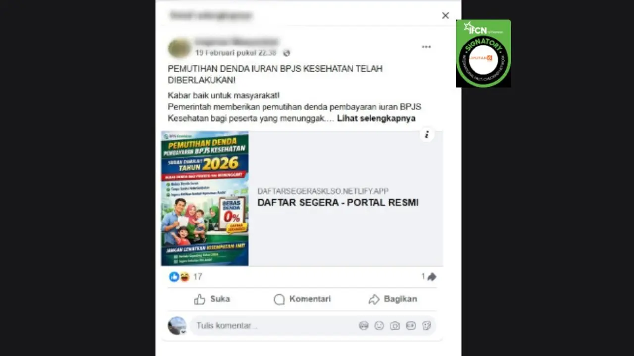 Cek Fakta Liputan6.com mendapati klaim link pendaftaran pemutihan denda iuran BPJS Kesehatan 2026.