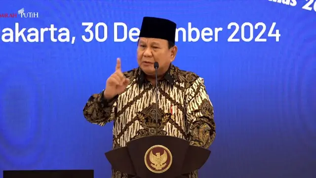 Presiden Prabowo Subianto dalam Musyawarah Rencana Pembangunan Nasional (Musrenbangnas) 2025-2029 di Gedung Bapennas, Menteng, Jakarta Pusat, Senin (30/12/2024).
