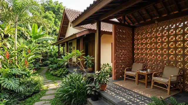 Desain Teras Kampung dengan Dinding Roster dan Taman