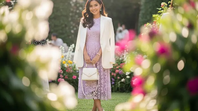Dress Brokat Pastel dan Satin Blazer Putih