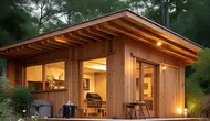 Desain rumah kayu minimalis dengan area barbecue dan lampu taman. (Liputan6.com/MetaAi)