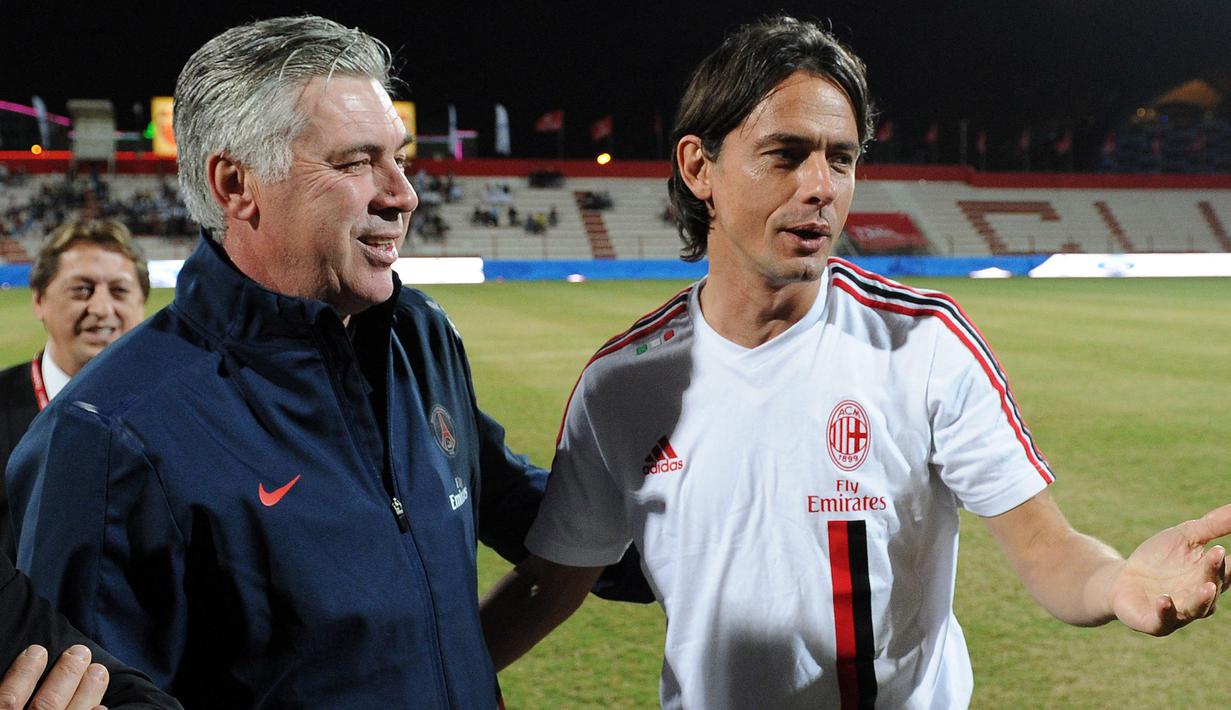 Wajar untuk mengatakan bahwa legenda AC Milan, Filippo Inzaghi merupakan salah satu pemain penting dalam karir manajerial Carlo Ancelotti. Ia tercatat telah bermain sebanyak 332 kali dengan mencetak 161 gol dan 45 assist di bawah asuhan pelatih asal Italia tersebut. (AFP/Franck Fife)
