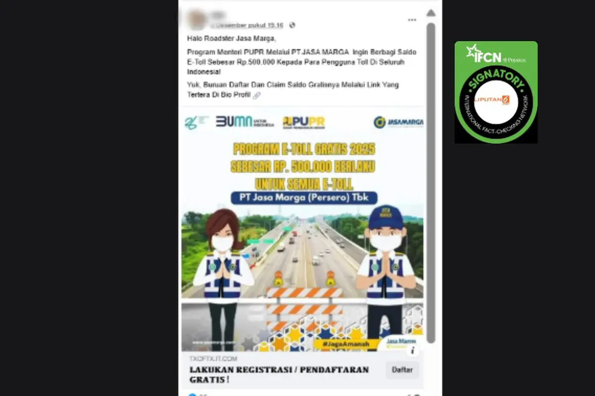 Tangkapan layar klaim link pendaftaran program saldo e-toll Rp 500.000 dari Jasa Marga yang beredar di Facebook. Cek faktanya.