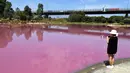 Pengunjung mengambil gambar sebuah danau yang berubah warna menjadi pink di Westgate Park, Melbourne, Australia, Senin (4/3). Warna tersebut merupakan campuran dari udara hangat, cahaya matahari, sedikit hujan dan tingginya kadar garam. (William WEST/AFP)