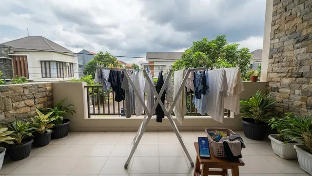 Jemuran di Teras yang Lebih Aman agar Baju Tidak Berjatuhan