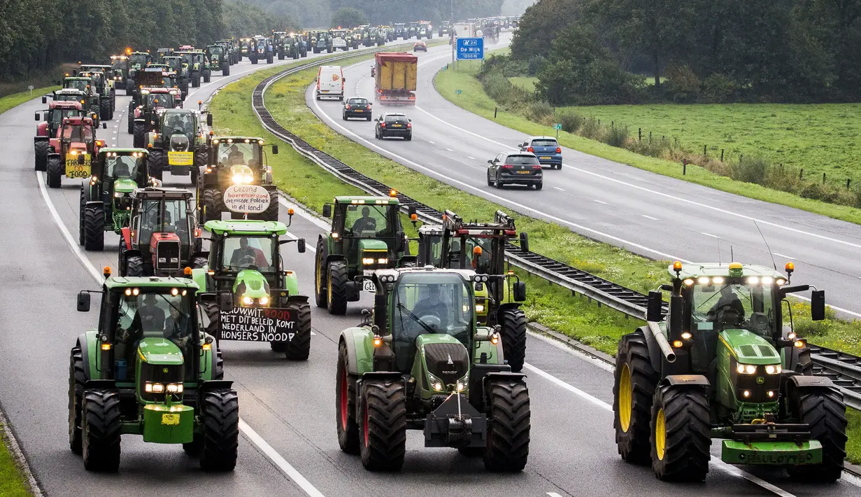Para petani mengendarai traktor mereka sambil memblokir sepanjang jalan raya utama di Belanda, Selasa (1/10/2019). Mereka merencanakan protes di Den Haag untuk menyuarakan ketidakadilan karena disalahkan atas masalah polusi nitrogen yang terjadi negara itu. (Vincent Jannink/ANP/AFP)