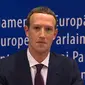 CEO Facebook Mark Zuckerberg memberi keterangan di markas Parlemen Eropa di Brussel, Belgia, Selasa (22/5). Zuckerberg memberi keterangan terkait skandal kebocoran data Facebook. (EBS/AFP)