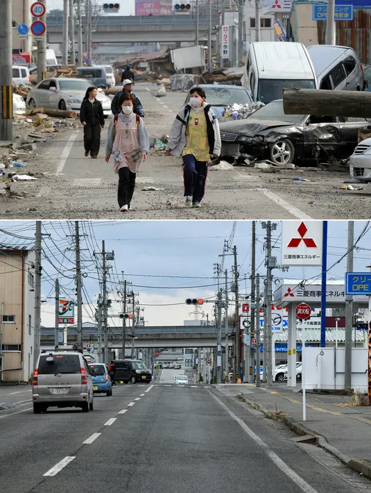 Foto kombinasi menunjukkan penduduk (atas) berjalan di sepanjang jalan yang dipenuhi dengan mobil yang tertimpa tsunami di kota Ofunato, prefektur Iwate pada tanggal 14 Maret 2011; dan area yang sama (bawah) hampir 10 tahun kemudian pada 27 Januari 2021. (AFP/Toshifumi Kitamura dan Kazuhiro Nogi)