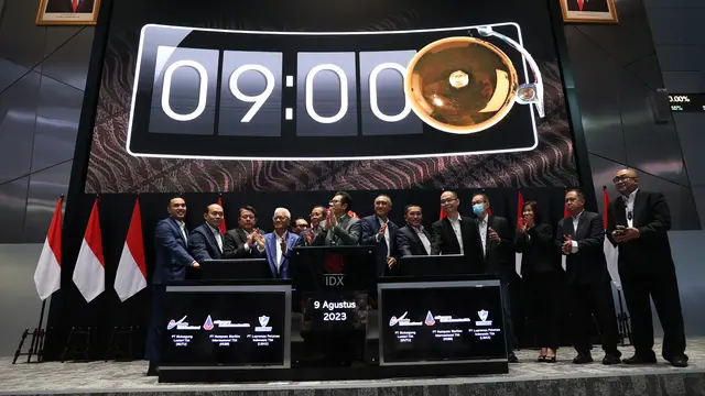 Pencatatan saham perdana saham PT Mutuagung Lestari Tbk (MUTU), PT Humpuss Maritim Internasional Tbk (HUMI), dan PT Lupromax Pelumas Indonesia Tbk (LMAX), Rabu (9/8/2023). (Foto: BEI)