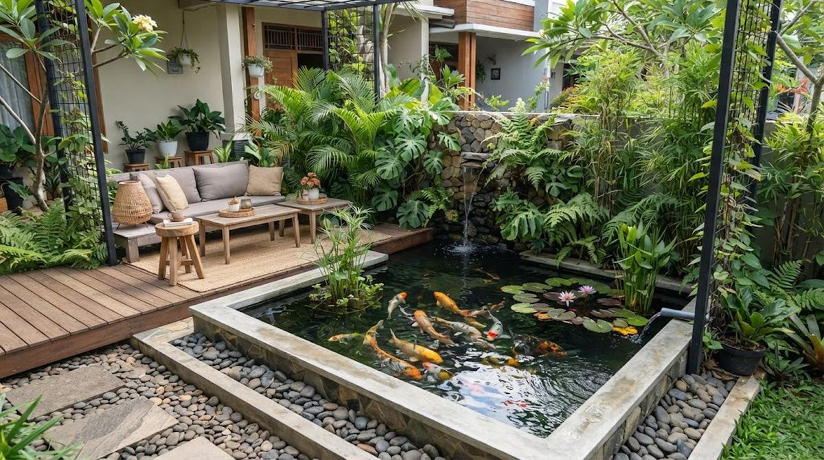 Teras dengan Integrasi Kolam Ikan Minimalis