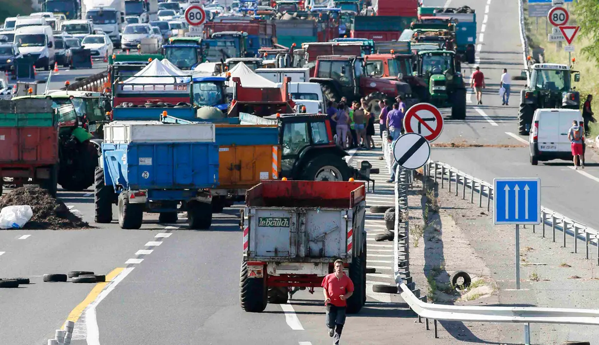 Sejumlah warga berjalan di jalan raya A6 di Limonest, dekat Lyon, Prancis (23/7/2015). Petani Perancis memprotes kembali ketidak seimbangan keuntungan yang diperoleh antara petani dan pengecer. (REUTERS/Robert Pratta)