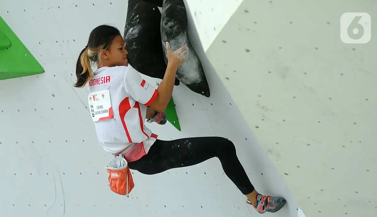<p>Aksi atlet panjat tebing Indonesia, Sukma Lintang Cahyani saat berusaha mencapai puncak pada kategori Lead Putri IFSC Climbing Asian Qualifier Jakarta 2023 di Gelora Bung Karno, Jakarta, Sabtu (11/11/2023). (merdeka.com/Arie Basuki)</p>