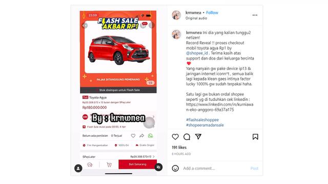 Viral! Beli Mobil Toyota Agya Cuma Rp11 ribu di Shopee