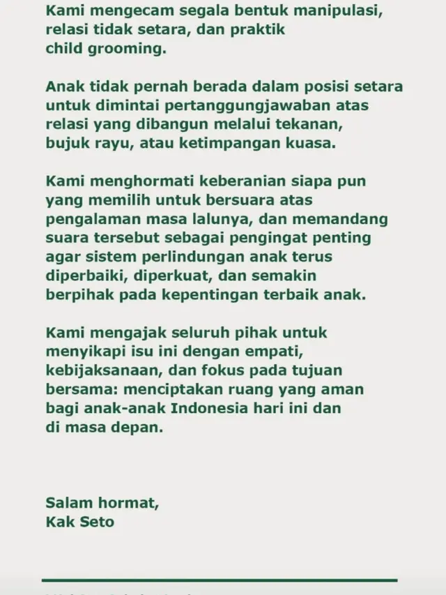 Pernyataan sikap Kak Seto. (Foto: Dok. Instagram @kaksetosahabatanak)