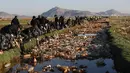 Petugas polisi membuang sampah dari Sungai Tagaret, yang mengalir ke Danau Uru Uru, dekat Oruro, Bolivia, Rabu (7/4/2021). Operasi pembersihan dimulai hari Rabu dalam upaya mengembalikan danau ke keindahan alamnya yang telah dibanjiri sampah plastik dan limbah buatan manusia lainnya. (AP/Juan Kari)