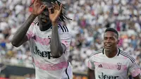 Selebrasi yang dilakukan pemain Juventus, Moise Kean usai mencetak gol ke gawang Real Madrid  dalam laga uji coba di Orlando, Kamis (3/8/2023) pagi WIB. (AP Photo/John Raoux)