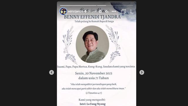 Edric Tjandra Bagikan Kabar Duka, Sang Ayah Meninggal Dunia di Usia 71 Tahun. (instagram.com/edrictjandra)