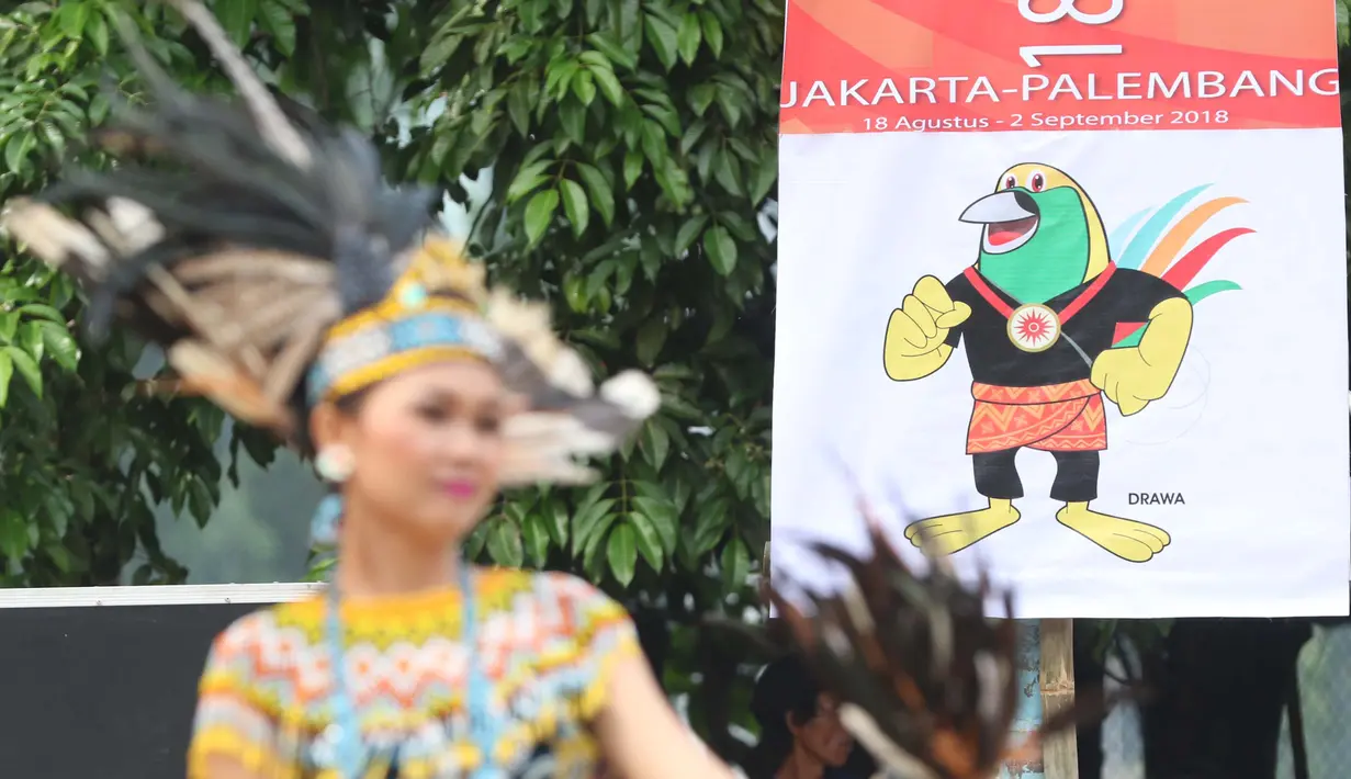 Drawa adalah nama maskot Asian Games 18th yang akan berlangsung di Jakarta-Palembang pada tanggal 18 Agustus 2018-2September 2018. (Bola.com/Nicklas Hanoatubun)