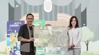 Wakil Direktur Utama Bank Mandiri Alexandra Askandar dan Kepala Otorita IKN Bambang Susantono saat mengenalkan kartu uang elektronik atau e-money edisi khusus Nusantara dalam perhelatan Nusantara Fair 2024.