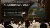 Bupati Gunungkidul, Endah Subekti Kuntariningsih, menyampaikan sambutan dalam Forum Pengelola Gunung Sewu UNESCO Global Geopark (UGGp).