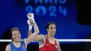 Petinju asal Aljazair, Imane Khelif, berhasil meraih medali emas Olimpiade Paris 2024 dari cabang olahraga tinju nomor putri 66 kg. Khelif yang sempat menjadi sorotan karena kontroversi gender di Olimpiade 2024, menang mutlak atas Liu. (AP Photo/John Locher)