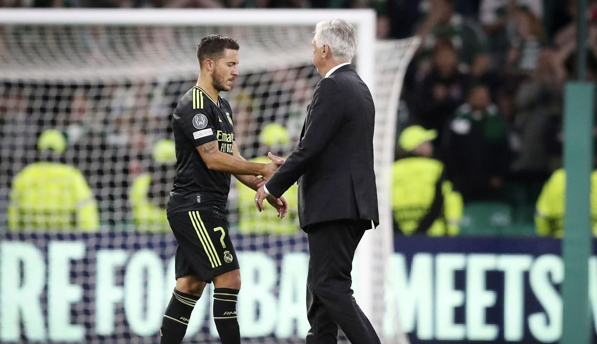 Gelandang asal Belgia tersebut sukses membayar kepercayaan Ancelotti  dengan tampil luar biasa. Hazard mencetak satu gol dan satu assists. (AP/Scott Heppell)