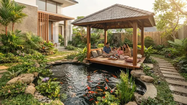 Desain Sudut Rumah yang Menggabungkan Kolam Ikan, Taman, dan Gazebo Kecil