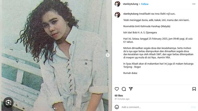 Unggahan Stanley Tulung, menyebutkan Malyda meninggal dunia. (Instagram/ stanleytulung)