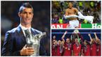 Bintang Real Madrid, Cristiano Ronaldo, meraih penghargaan UEFA Best Player in Europe 2015-2016, Kamis (25/8/2016). Berikut perjalanan manis CR 7 selama musim 2015-2016. (AFP)