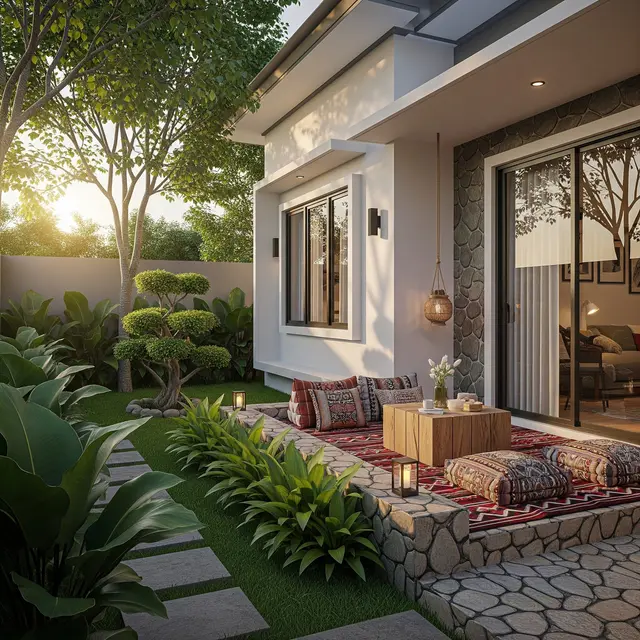 Contoh Rumah Kecil Type 45 dengan Taman Samping dan Teras Lesehan (Image by Gemini AI)