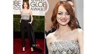 Berjalan di Red Carpet Golden Globe 2015, Emma Stone malah memilih mengenakan jumpsuit sederhana namun terlihat elegan.