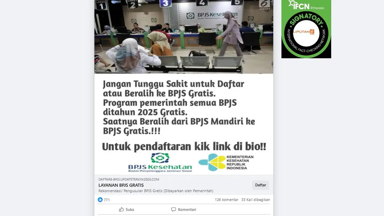 Tangkapan layar klaim link pendaftaran peralihan BPJS Mandiri ke BPJS Gratis di Facebook.