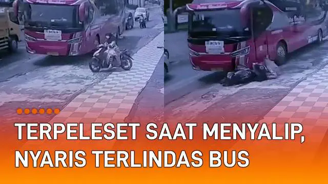 Seorang pemotor perempuan nyaris terlindas bus saat menyalip mengundang perhatian.