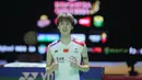 Pebulu tangkis tunggal putri China, Chen Yu Fei berpose merayakan kemenangan atas wakil Spanyol, Carolina Marin pada laga semifinal turnamen bulu tangkis Indonesia Open 2024 di Istora Senayan, Jakarta, Sabtu (8/6/2024). Chen Yu Fei menang rubber game 21-11, 17-21 dan 21-13. (Bola.com/Syahkist Afi Daib)