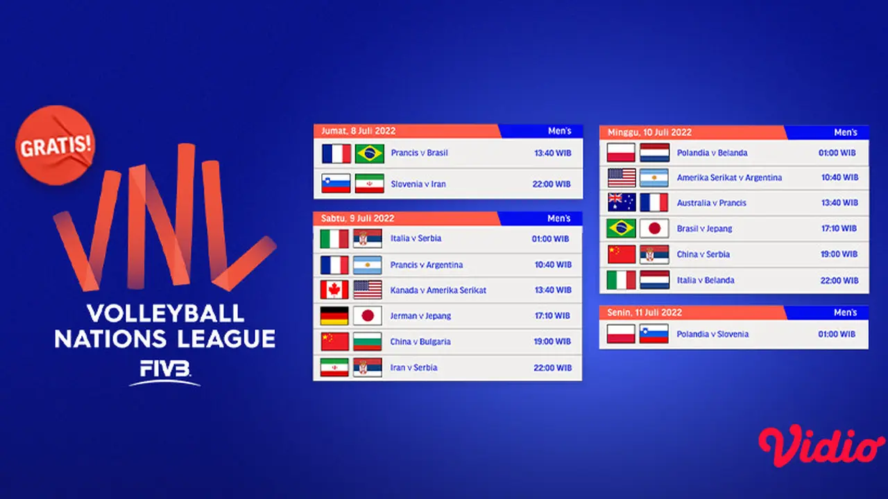Nonton Live Streaming Men’s Volleyball Nations League 2022 Week 3 di Vidio 8-11 Juni