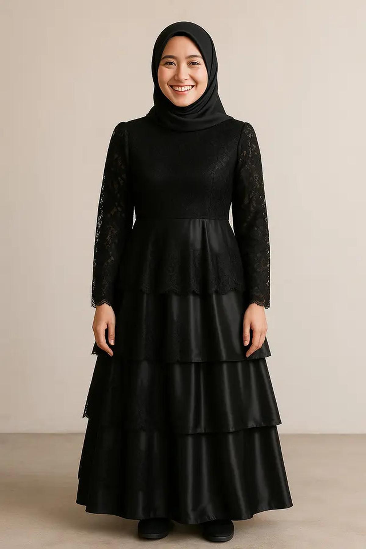 8 Model Gamis Hitam Kombinasi Brokat dan Satin, Mewah dan Elegan