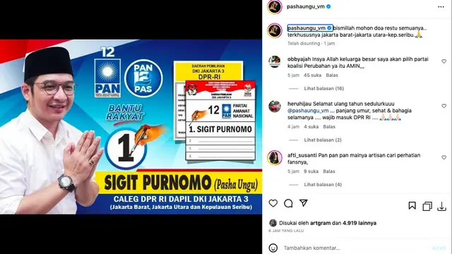 Pasha Ungu juga maju dalam pemilihan legislatif untuk memperebutkan kursi di DPR RI melalui Dapil DKI Jakarta 3 yang meliputi Jakarta Barat, Jakarta Utara, dan Kepulauan Seribu.