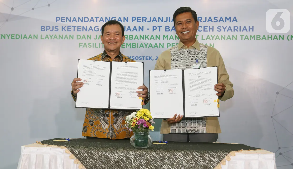 Kerjasama ini merupakan bentuk respon BPJAMSOSTEK atas terbitnya Permenaker Nomor 17 Tahun 2021 yang akan mempermudah peserta BPJS Ketenagakerjaan untuk mendapatkan MLT diantaranya Pinjaman Uang Muka Perumahan, Pinjaman Renovasi Perumahan, KPR dan Kredit Konstruksi. (Liputan6.com/Fery Pradolo)